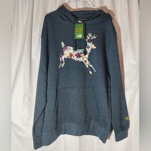 John Deere Navy Blue Floral Buck Hooded Sweatshirt Large